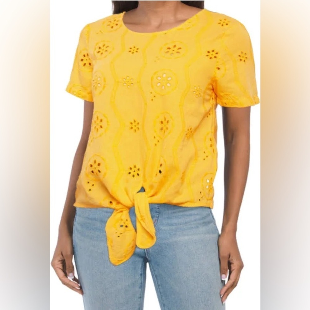Christian Siriano Linen / Cotton Tie-Front Eyelet Shirt Top